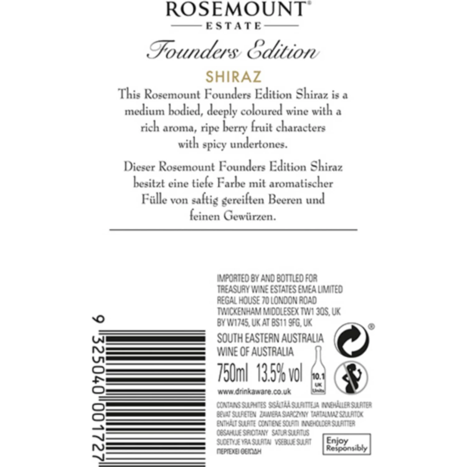 Rosemount Estate Founders Edition Shiraz South Eastern Australia 13,5 % Vol 0,75 Liter 2 Rosemount Estate Founders Edition Shiraz South Eastern Australia 13,5 % Vol 0,75 Liter – Bild 2