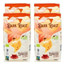 Bio Espresso Fair Trade Ganze Kaffeebohnen Dark Roast 1 Kg, 4er Pack