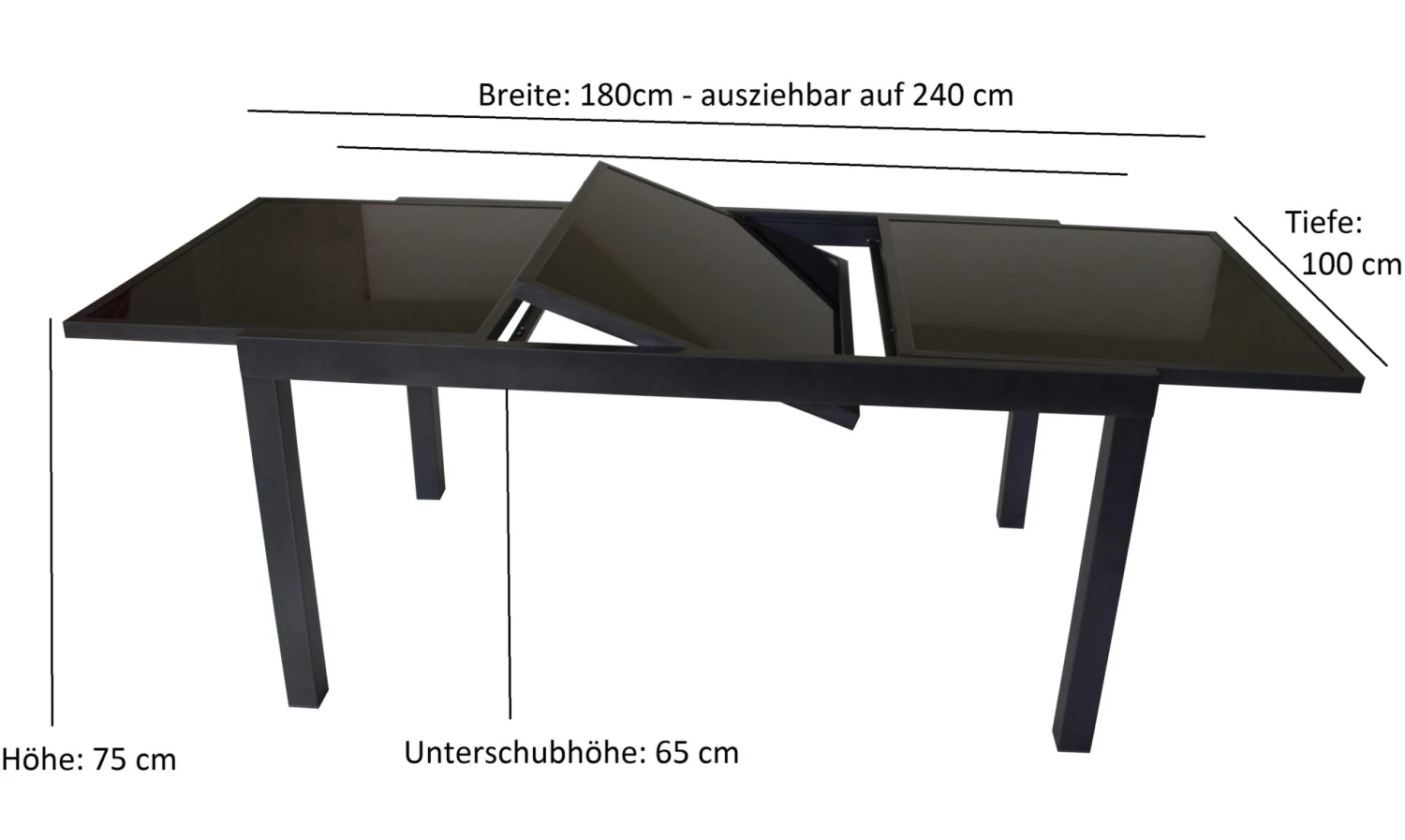 DEGAMO Ausziehtisch TORINO 180/240x100cm, Aluminium + Glas Schwarz 3 DEGAMO Ausziehtisch TORINO 180/240x100cm, Aluminium + Glas Schwarz – Bild 3