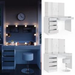 Vicco Schminktisch Sherry Weiß Mit LED-Beleuchtung Spiegel Hocker Frisiertisch