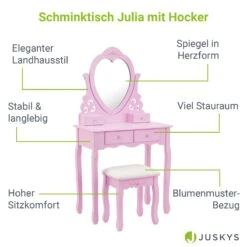 Juskys Schminktisch Julia - Frisiertisch Mit Spiegel, Hocker & 4 Schubladen - Rosa - Mädchen Kinder -All Mark Store 8600348200 19570 prod 003