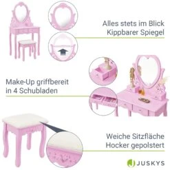 Juskys Schminktisch Julia - Frisiertisch Mit Spiegel, Hocker & 4 Schubladen - Rosa - Mädchen Kinder -All Mark Store 8600348200 19570 prod 004