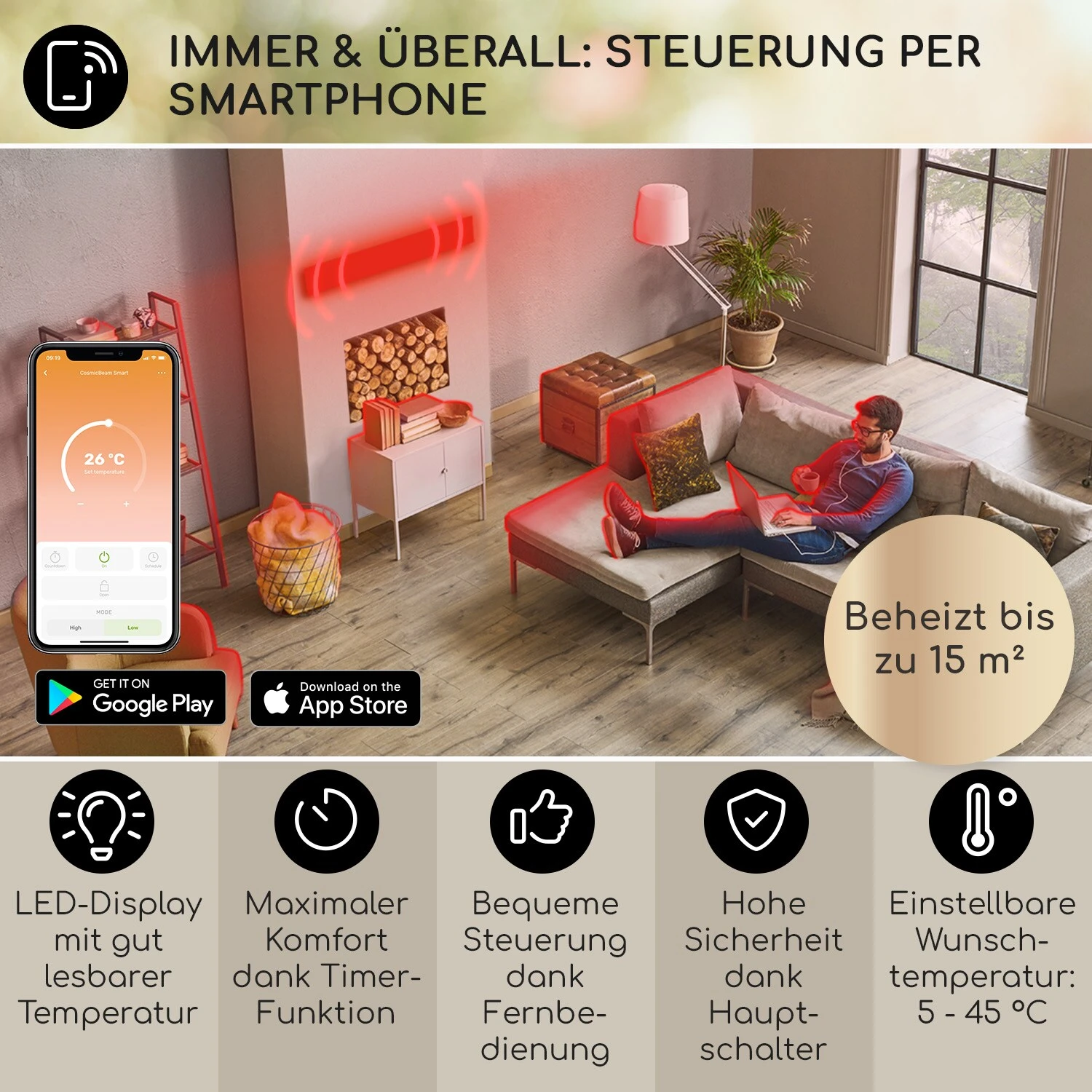 Cosmic Beam Smart 24 Infrarot-Heizstrahler 2400W App-Steuerung Fernbedienung 2 Cosmic Beam Smart 24 Infrarot-Heizstrahler 2400W App-Steuerung Fernbedienung – Bild 2