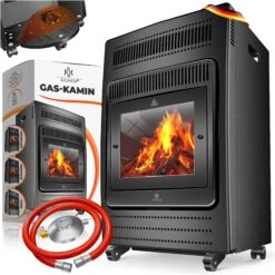 KESSER® Gasheizer Gasheizofen Heizstrahler 3,4 KW Gas Kamin Inkl. Gasdruckregler & Gasschlauch 2 Heizstufen Infrarot 3400W Gasheizstrahler Gasheizung Butan- Oder Propangasflaschen Bis 11kg Schwarz