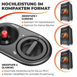 KESSER® Gasheizer Gasheizofen Heizstrahler 3,4 KW Gas Kamin Inkl. Gasdruckregler & Gasschlauch 2 Heizstufen Infrarot 3400W Gasheizstrahler Gasheizung Butan- Oder Propangasflaschen Bis 11kg Schwarz -All Mark Store 8600364700 22499 prod 006