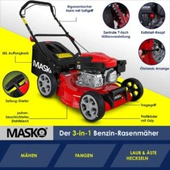 MASKO® Benzin Rasenmäher 5in1 Radantrieb EasyClean Reinigungsfunktion Mulchfunktion Seitenauswurf Hohe Schnittbreite 8-fache Schnitthöhenverstellung | 4 Takt Motor | Inkl. Fangkorb -All Mark Store 8600364700 23488 prod 005